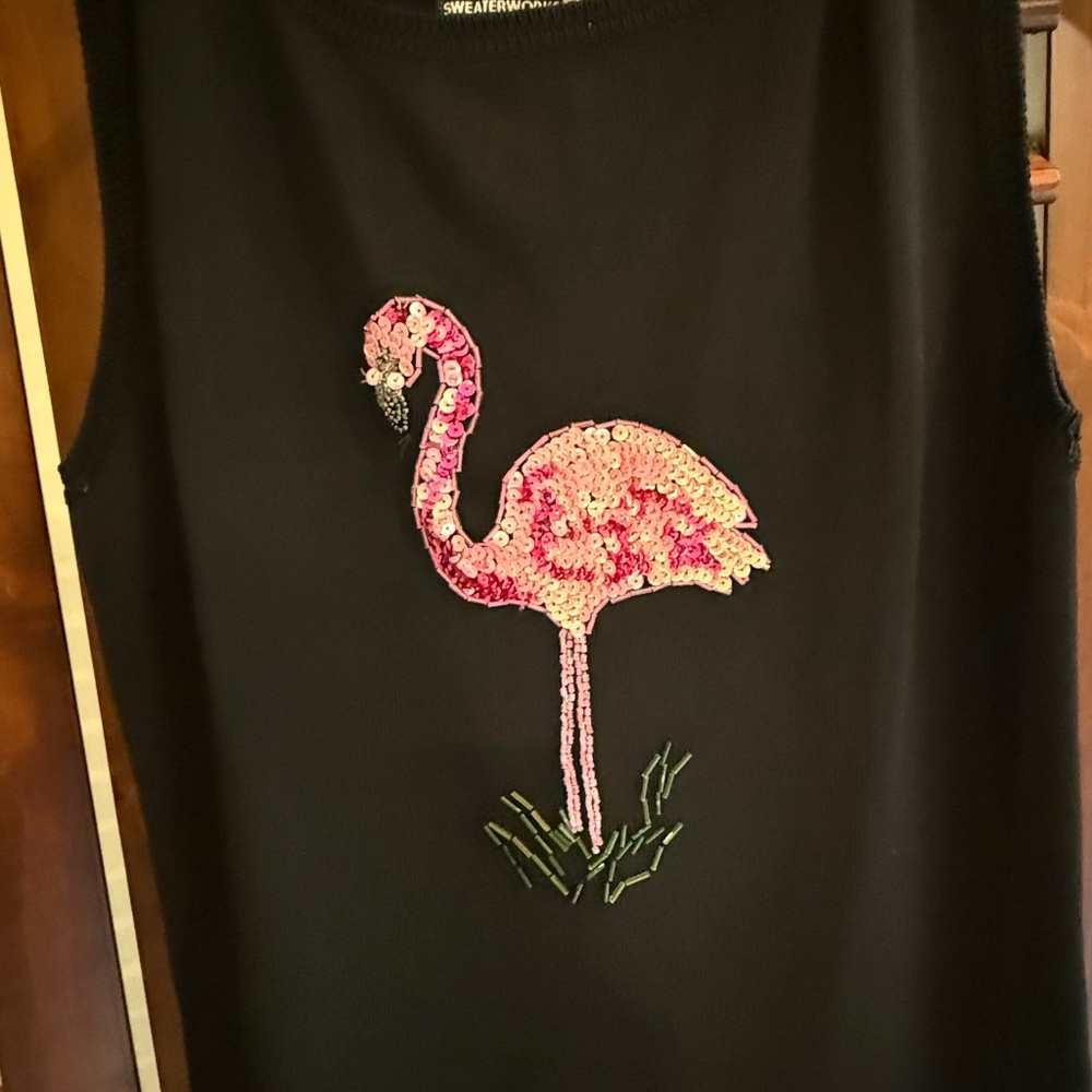 Sweaterworks Black Tank Top with Pink Sequin Flamingo